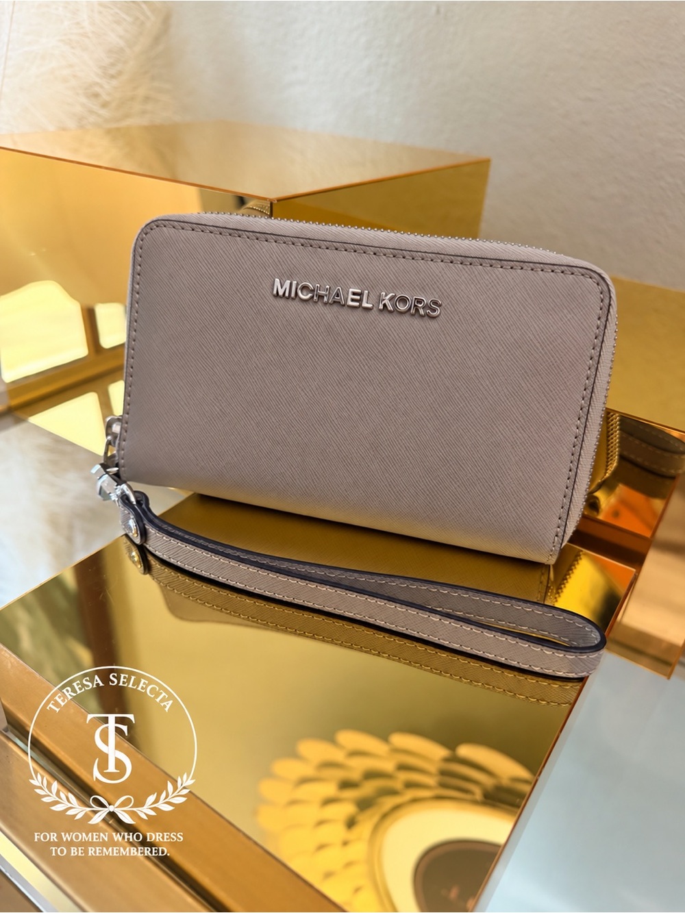 Michael Kors Jet Set Travel Taupe Saffiano Leather Zip Around Wristlet Wallet